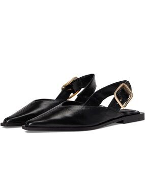 Steve Madden Black Pointed Slingback Flats with Gold Buckle Accent